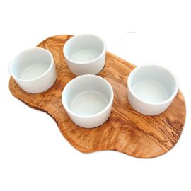 D.O.M.® Servierbrett für Dips aus OLIVENHOLZ inkl. 4 Porzellanschälchen