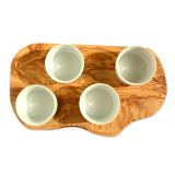 D.O.M.® Servierbrett für Dips aus OLIVENHOLZ inkl. 4 Porzellanschälchen